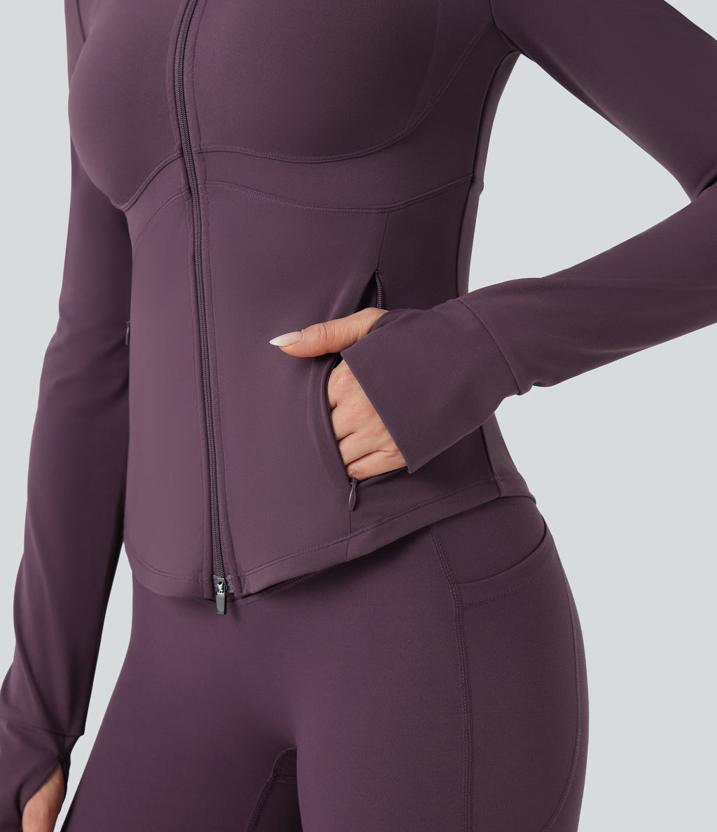 Mock Neck Push-Up Long Sleeve Thumb Hole Yoga Jacket with Pockets — Night's Purple — view 7
