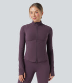 Mock Neck Push-Up Long Sleeve Thumb Hole Yoga Jacket with Pockets — Night's Purple — view 5
