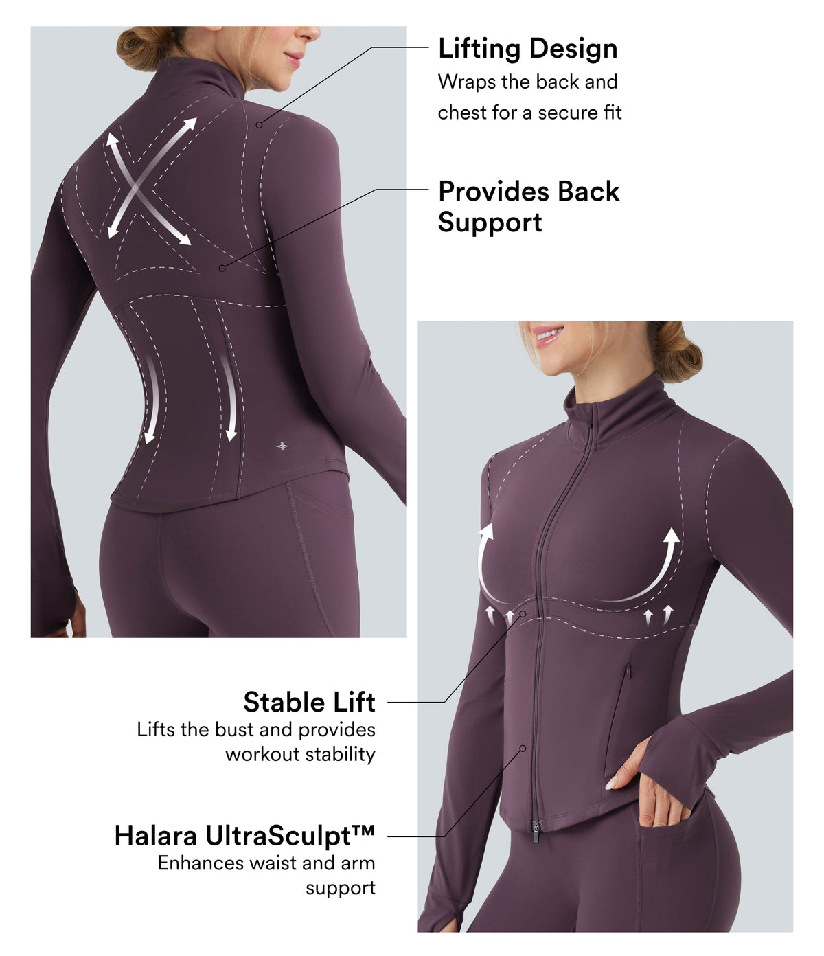 Mock Neck Push-Up Long Sleeve Thumb Hole Yoga Jacket with Pockets — Night's Purple — view 4