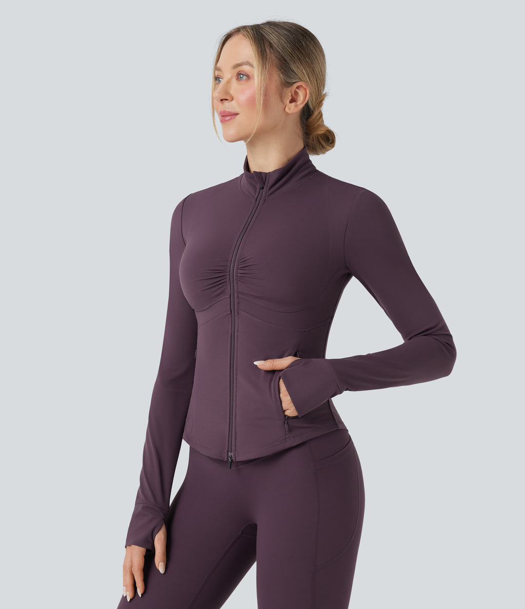 Mock Neck Ruched Push-Up Long Sleeve Thumb Hole Yoga Jacket with Pockets — Night's Purple — view 5