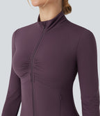 Mock Neck Ruched Push-Up Long Sleeve Thumb Hole Yoga Jacket with Pockets — Night's Purple — view 6