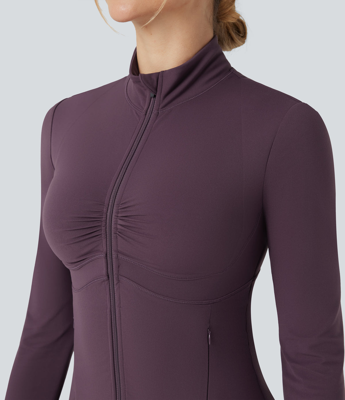 Mock Neck Ruched Push-Up Long Sleeve Thumb Hole Yoga Jacket with Pockets — Night's Purple — view 6