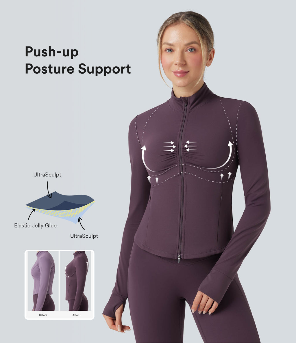 Mock Neck Ruched Push-Up Long Sleeve Thumb Hole Yoga Jacket with Pockets — Night's Purple — view 1