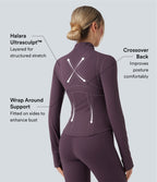Mock Neck Ruched Push-Up Long Sleeve Thumb Hole Yoga Jacket with Pockets — Night's Purple — view 3