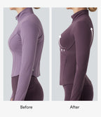 Mock Neck Ruched Push-Up Long Sleeve Thumb Hole Yoga Jacket with Pockets — Night's Purple — view 2