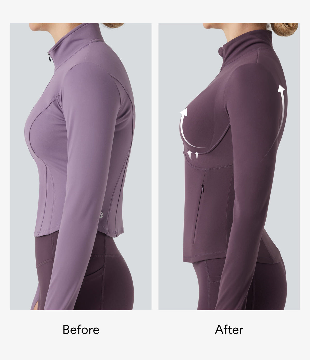 Mock Neck Ruched Push-Up Long Sleeve Thumb Hole Yoga Jacket with Pockets — Night's Purple — view 2