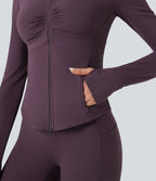 Mock Neck Ruched Push-Up Long Sleeve Thumb Hole Yoga Jacket with Pockets — Night's Purple — view 7