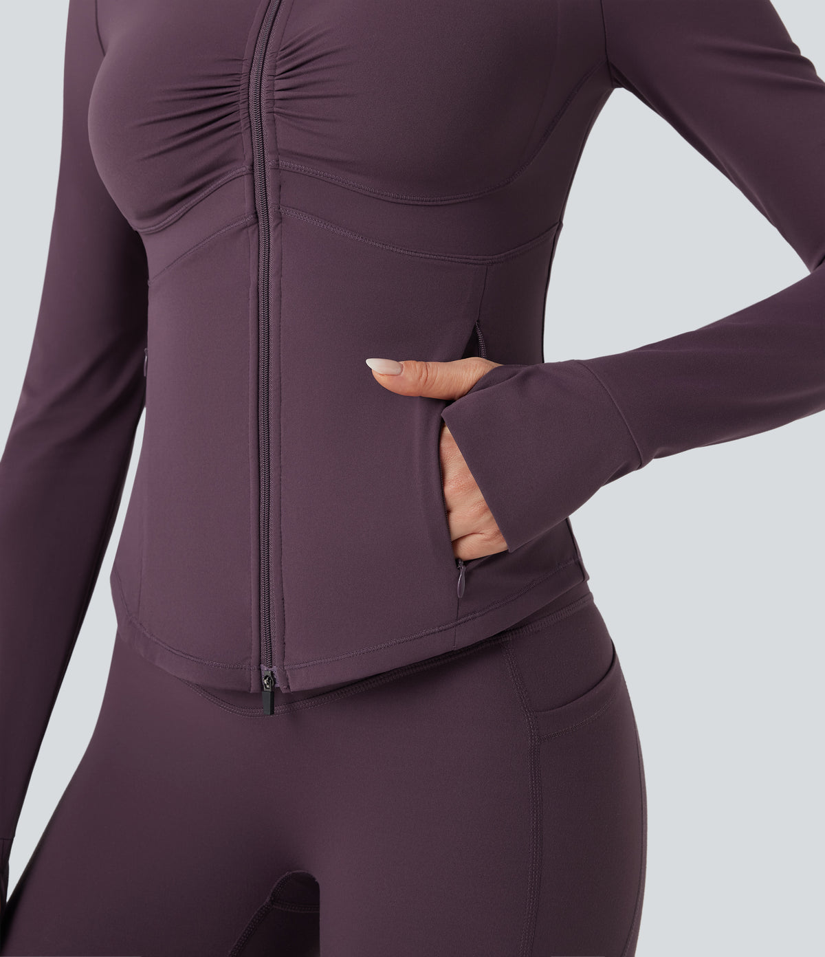 Mock Neck Ruched Push-Up Long Sleeve Thumb Hole Yoga Jacket with Pockets — Night's Purple — view 7