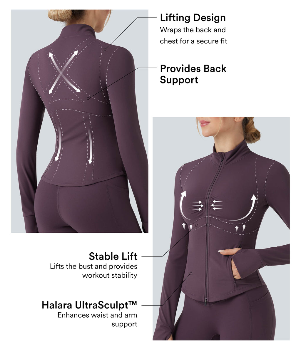 Mock Neck Ruched Push-Up Long Sleeve Thumb Hole Yoga Jacket with Pockets — Night's Purple — view 4