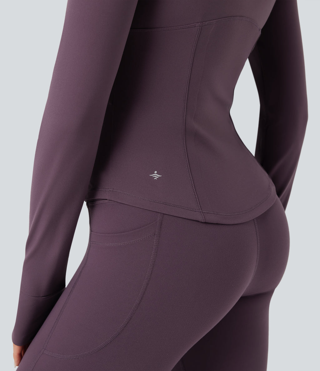 Mock Neck Ruched Push-Up Long Sleeve Thumb Hole Yoga Jacket with Pockets — Night's Purple — view 8