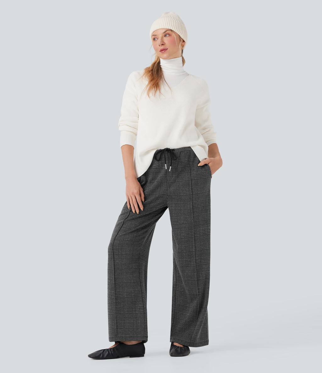 Mid Rise Drawstring Plaid Straight-leg Work Trousers with Pockets — Charcoal Black Houndstooth Plaid — view 6