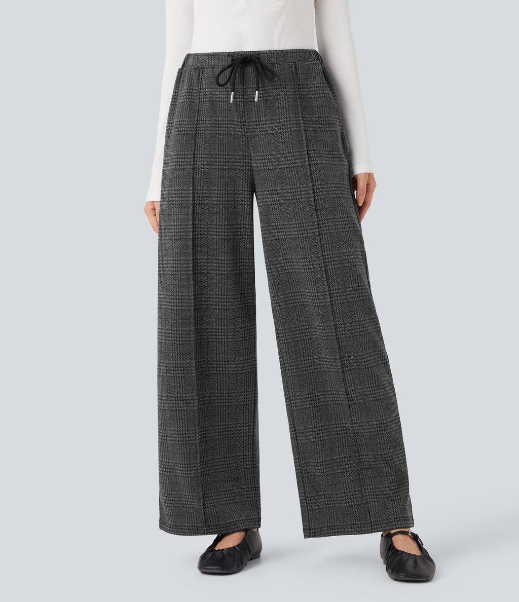 Mid Rise Drawstring Plaid Straight-leg Work Trousers with Pockets — Charcoal Black Houndstooth Plaid — view 1