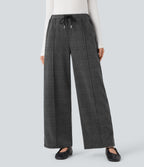 Mid Rise Drawstring Plaid Straight-leg Work Trousers with Pockets — Charcoal Black Houndstooth Plaid — view 1