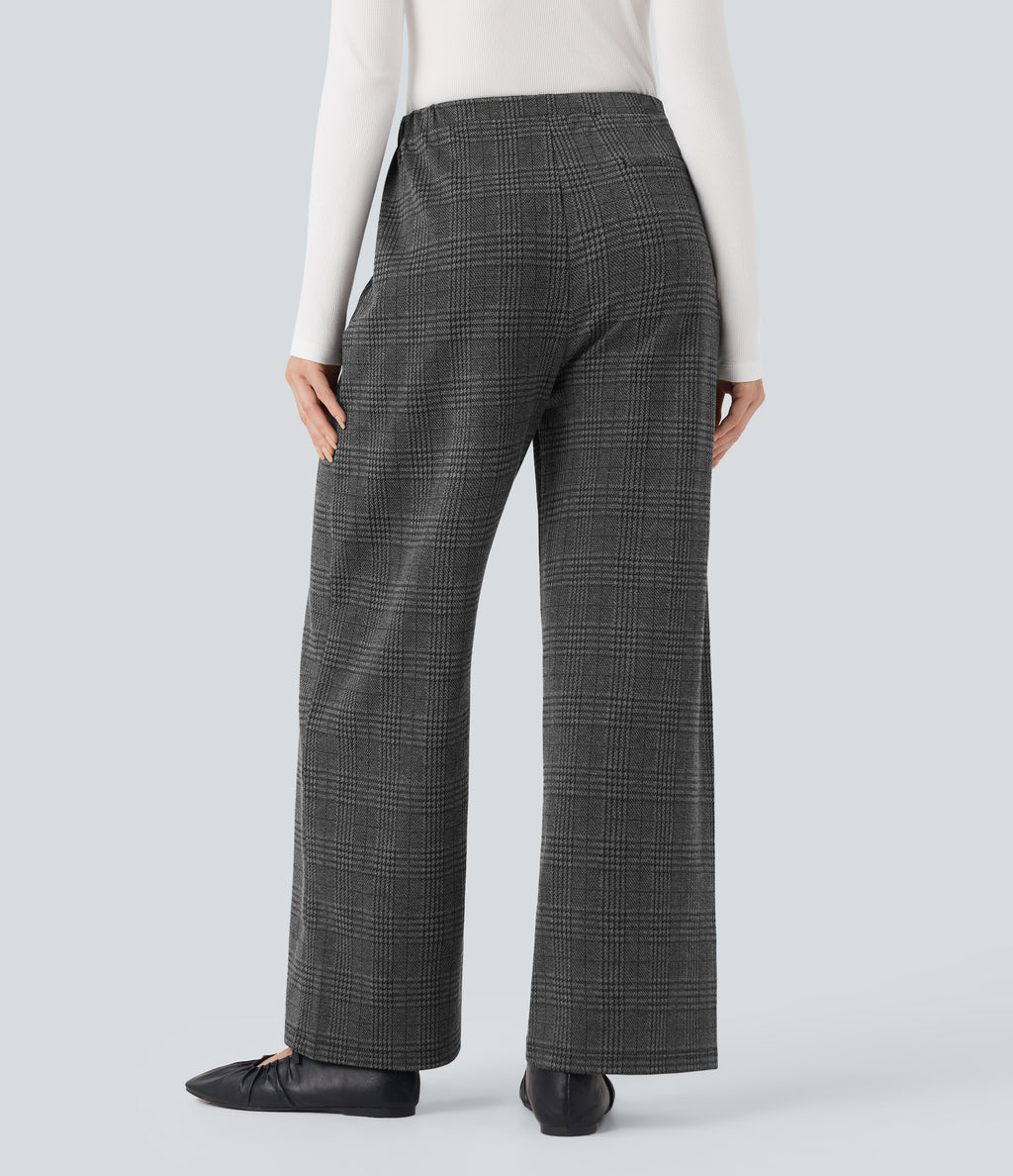 Mid Rise Drawstring Plaid Straight-leg Work Trousers with Pockets — Charcoal Black Houndstooth Plaid — view 2