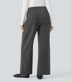 Mid Rise Drawstring Plaid Straight-leg Work Trousers with Pockets — Charcoal Black Houndstooth Plaid — view 2