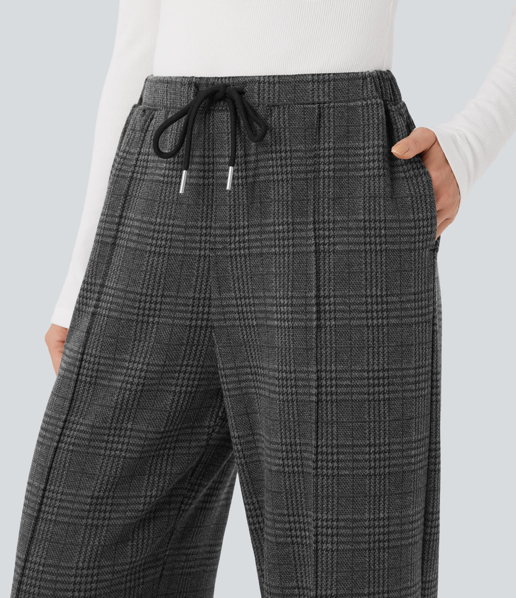 Mid Rise Drawstring Plaid Straight-leg Work Trousers with Pockets — Charcoal Black Houndstooth Plaid — view 4