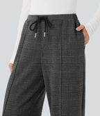 Mid Rise Drawstring Plaid Straight-leg Work Trousers with Pockets — Charcoal Black Houndstooth Plaid — view 4