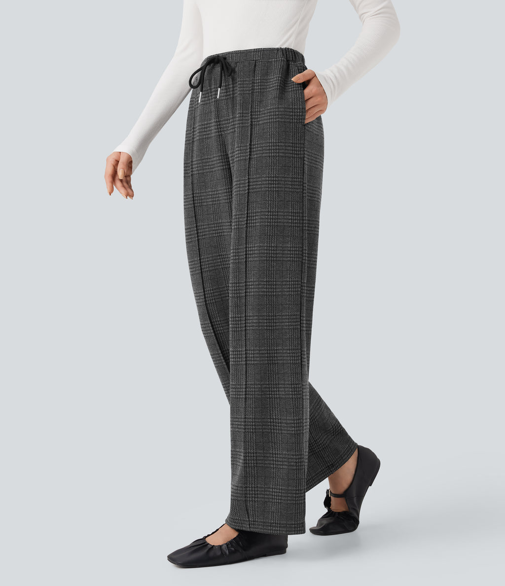 Mid Rise Drawstring Plaid Straight-leg Work Trousers with Pockets — Charcoal Black Houndstooth Plaid — view 3