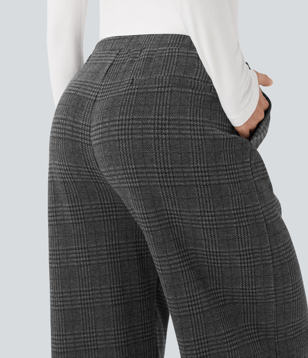 Mid Rise Drawstring Plaid Straight-leg Work Trousers with Pockets — Charcoal Black Houndstooth Plaid — view 5