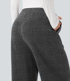 Mid Rise Drawstring Plaid Straight-leg Work Trousers with Pockets — Charcoal Black Houndstooth Plaid — view 5
