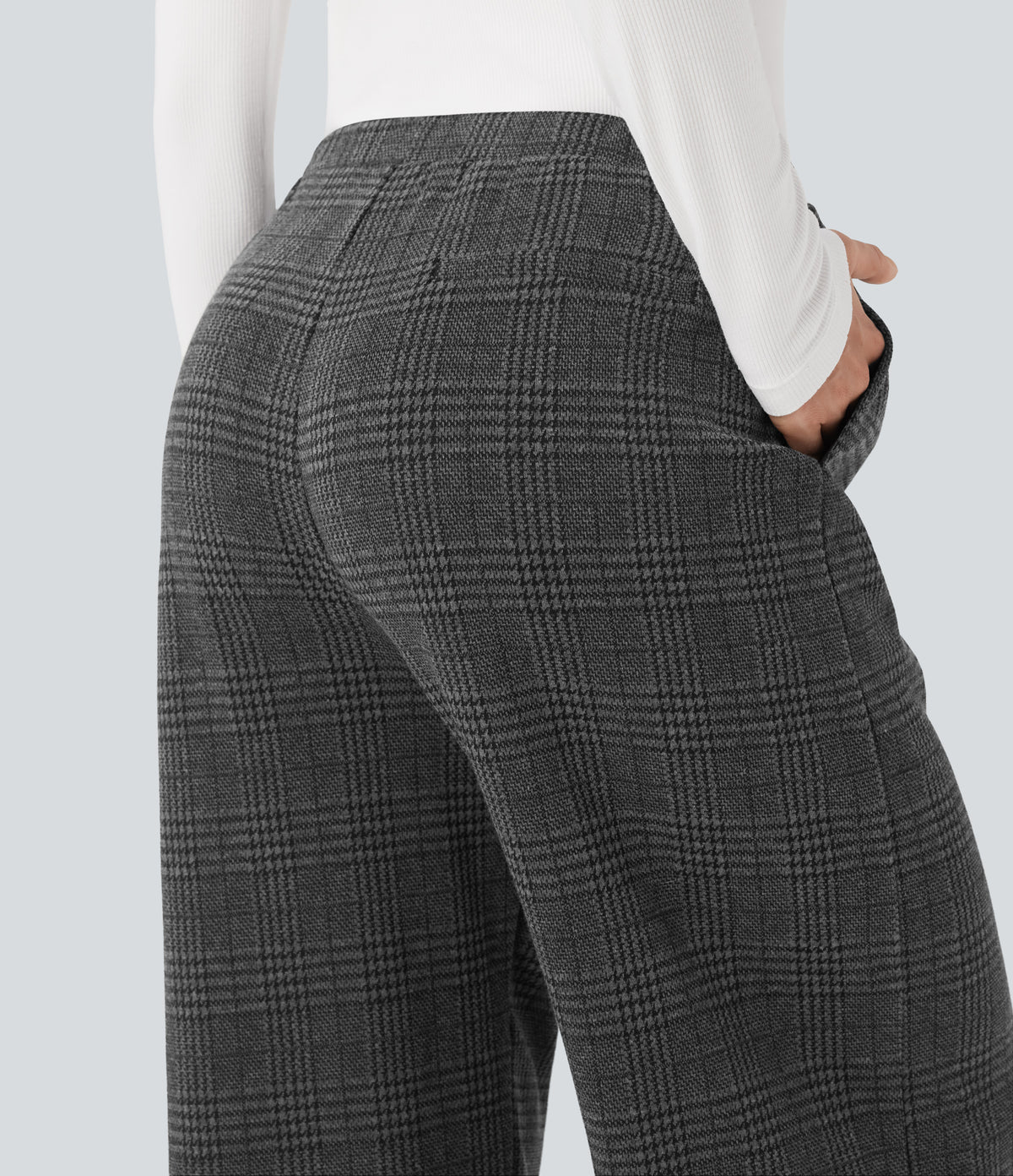 Mid Rise Drawstring Plaid Straight-leg Work Trousers with Pockets — Charcoal Black Houndstooth Plaid — view 5