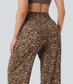 Leopard Print High-waisted Wide Leg Yoga Trousers with Pockets — Tan Leopard — view 5