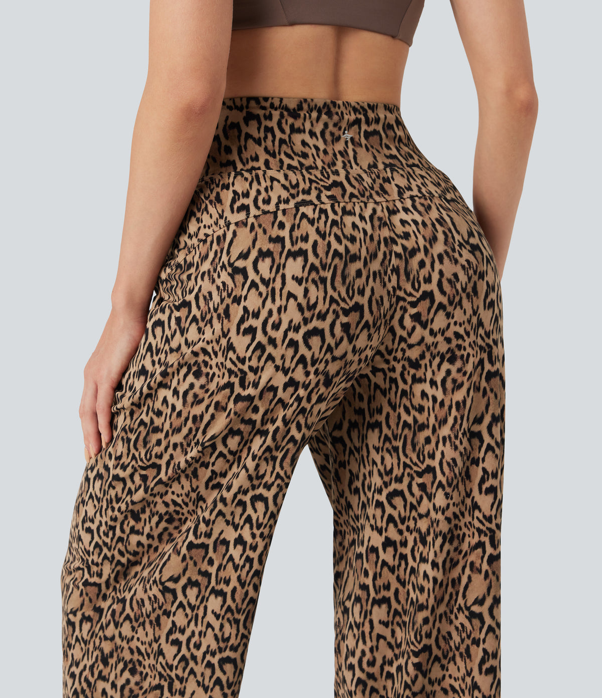 Leopard Print High-waisted Wide Leg Yoga Trousers with Pockets — Tan Leopard — view 5