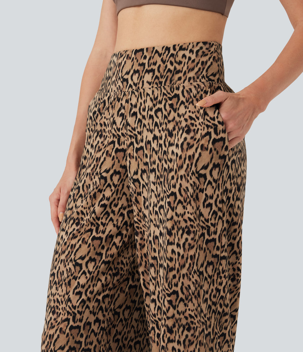 Leopard Print High-waisted Wide Leg Yoga Trousers with Pockets — Tan Leopard — view 4