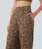 Leopard Print High-waisted Wide Leg Yoga Trousers with Pockets — Tan Leopard — view 4