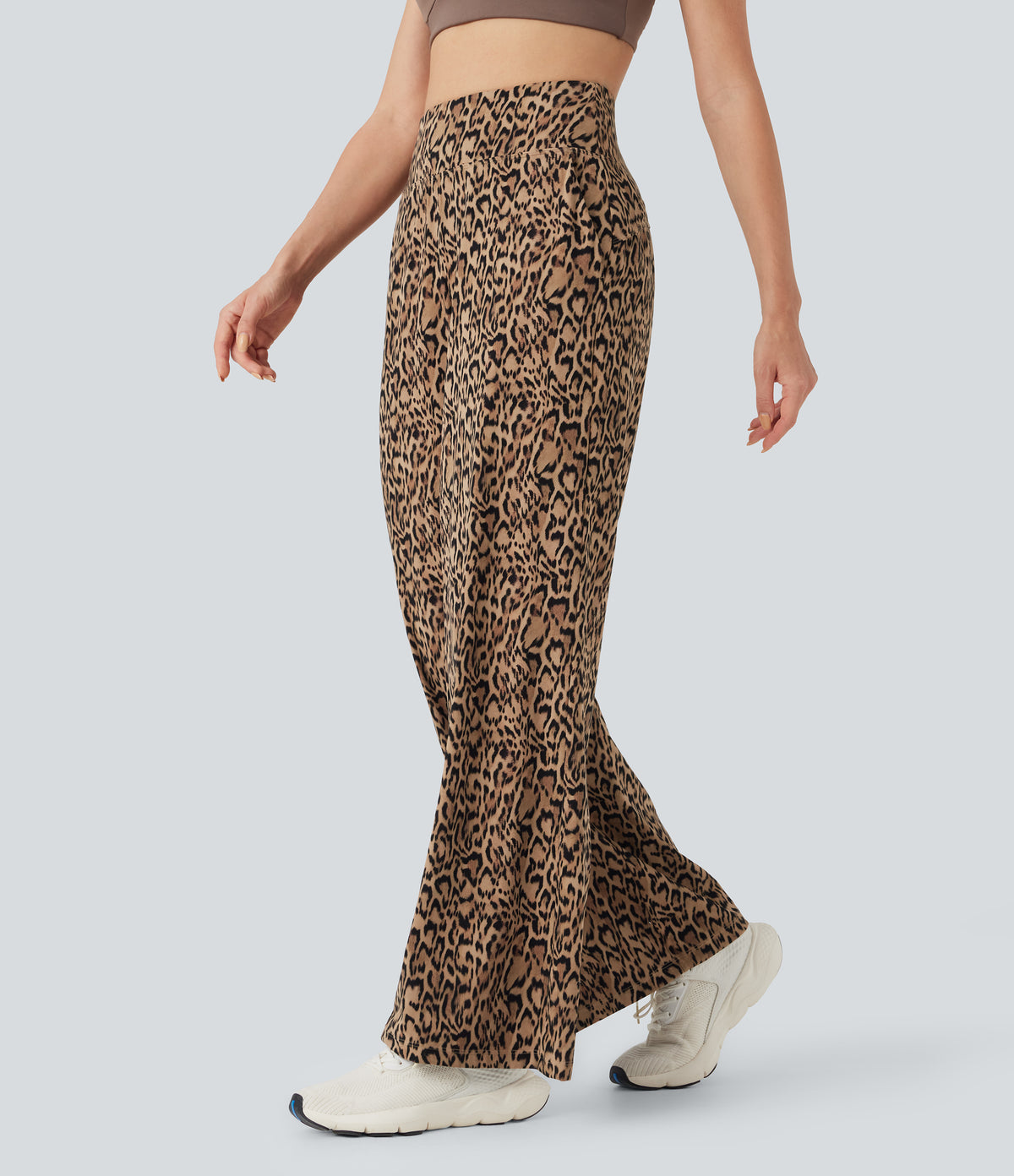 Leopard Print High-waisted Wide Leg Yoga Trousers with Pockets — Tan Leopard — view 3