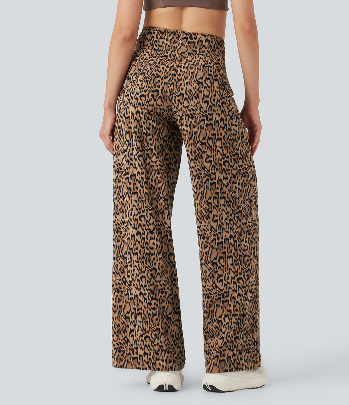 Leopard Print High-waisted Wide Leg Yoga Trousers with Pockets — Tan Leopard — view 2