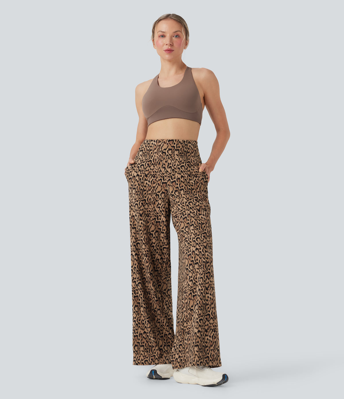 Leopard Print High-waisted Wide Leg Yoga Trousers with Pockets — Tan Leopard — view 6