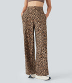 Leopard Print High-waisted Wide Leg Yoga Trousers with Pockets — Tan Leopard — view 1