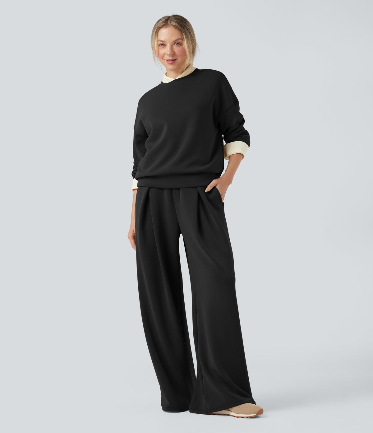 SpacerTek Rounded Neckline Long Sleeve Crossover Back Casual Sweatshirt — Black — view 7