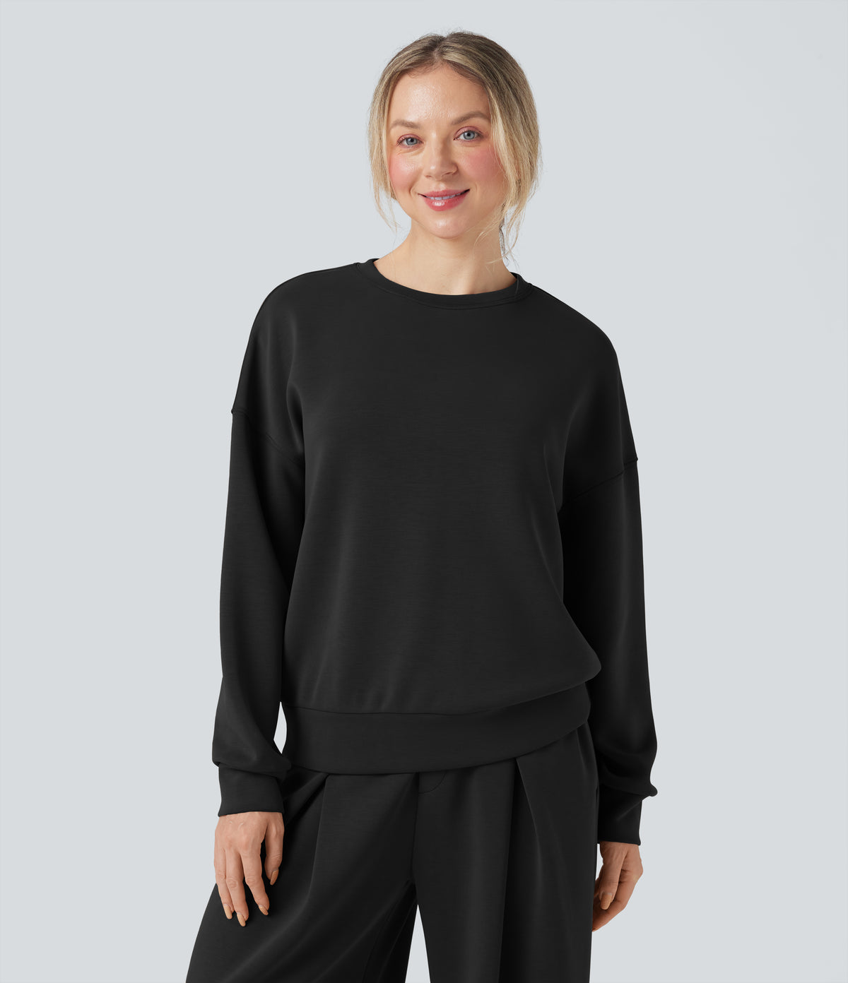 SpacerTek Rounded Neckline Long Sleeve Crossover Back Casual Sweatshirt — Black — view 1