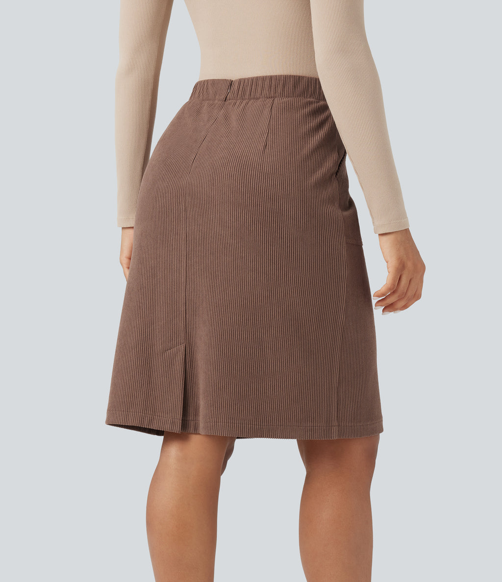 High Waisted A-line Split Corduroy Casual Skirt with Pockets — Acorn — view 2