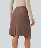 High Waisted A-line Split Corduroy Casual Skirt with Pockets — Acorn — view 2