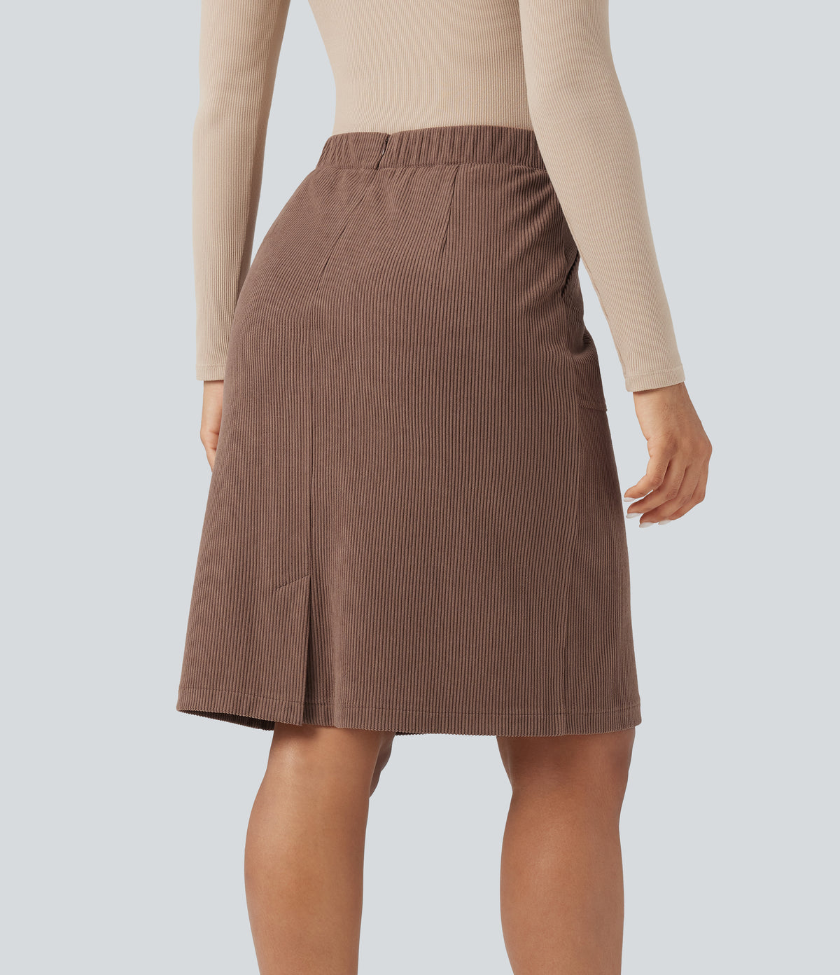 High Waisted A-line Split Corduroy Casual Skirt with Pockets — Acorn — view 2