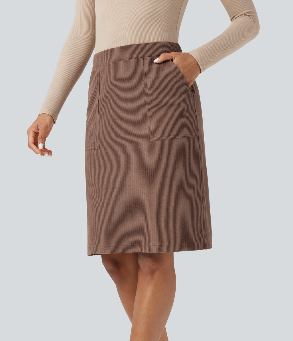 High Waisted A-line Split Corduroy Casual Skirt with Pockets — Acorn — view 1