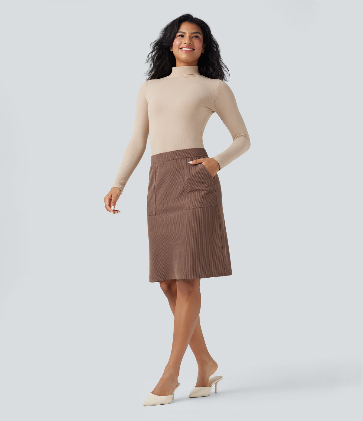 High Waisted A-line Split Corduroy Casual Skirt with Pockets — Acorn — view 7