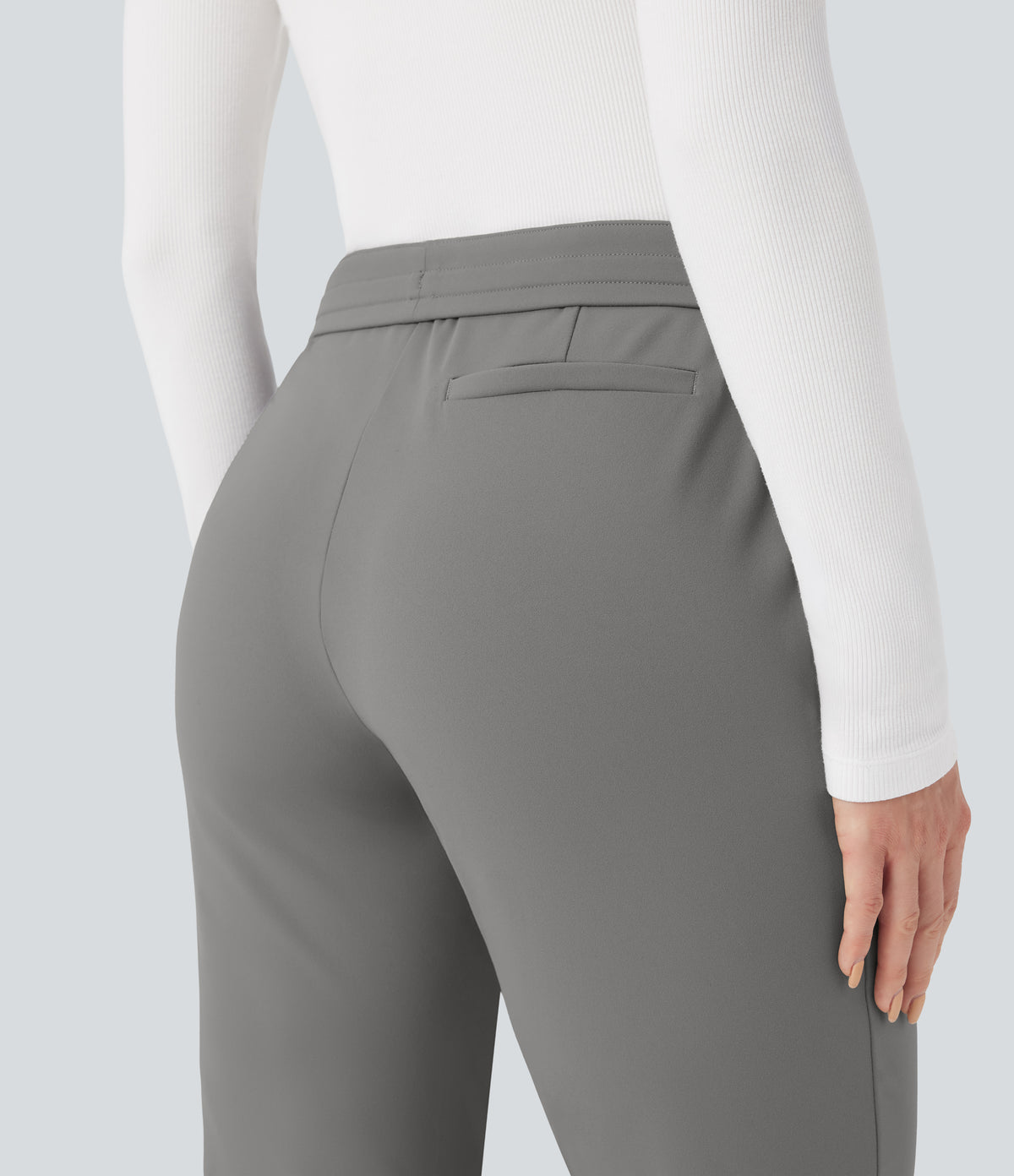 Foldover High Waisted Drawstring 7/8 Slim Work Trousers with Pockets — Silent Storm — view 8
