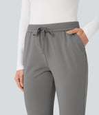 Foldover High Waisted Drawstring 7/8 Slim Work Trousers with Pockets — Silent Storm — view 6