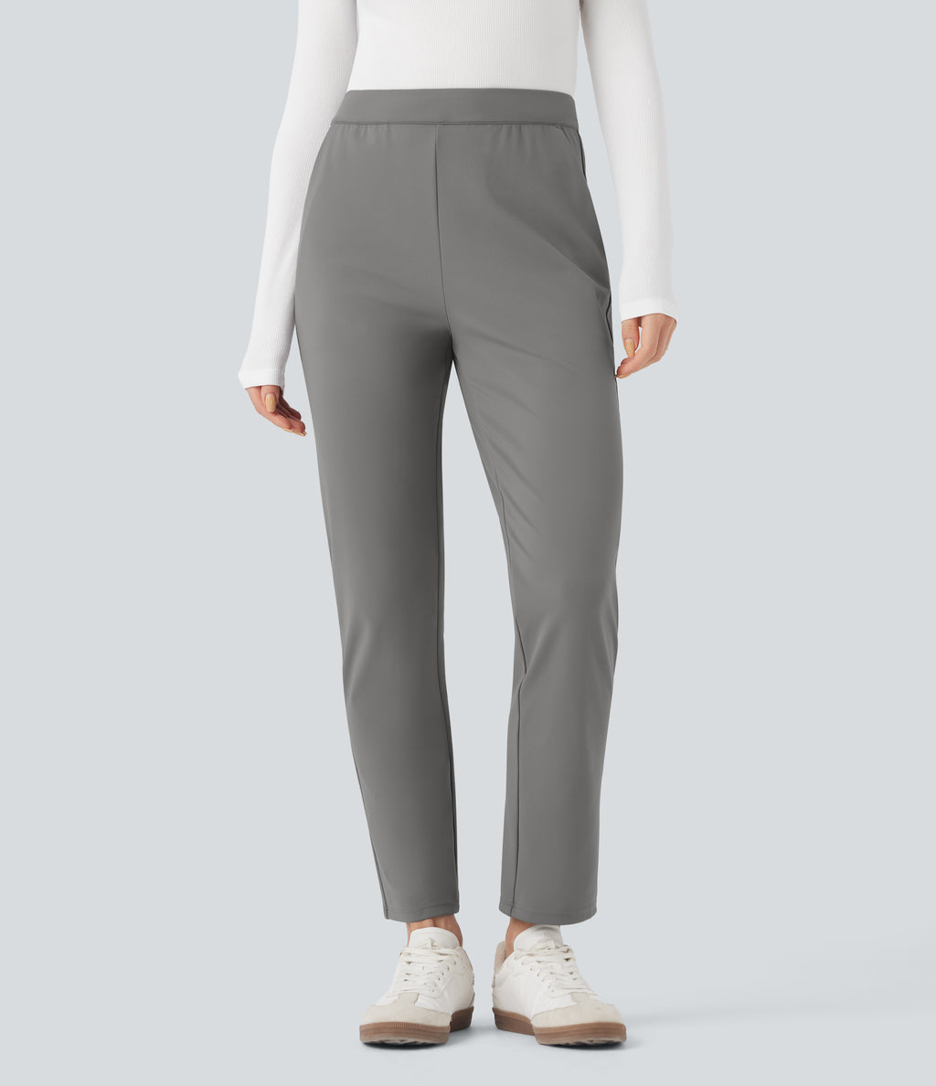 Foldover High Waisted Drawstring 7/8 Slim Work Trousers with Pockets — Silent Storm — view 3