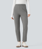 Foldover High Waisted Drawstring 7/8 Slim Work Trousers with Pockets — Silent Storm — view 3