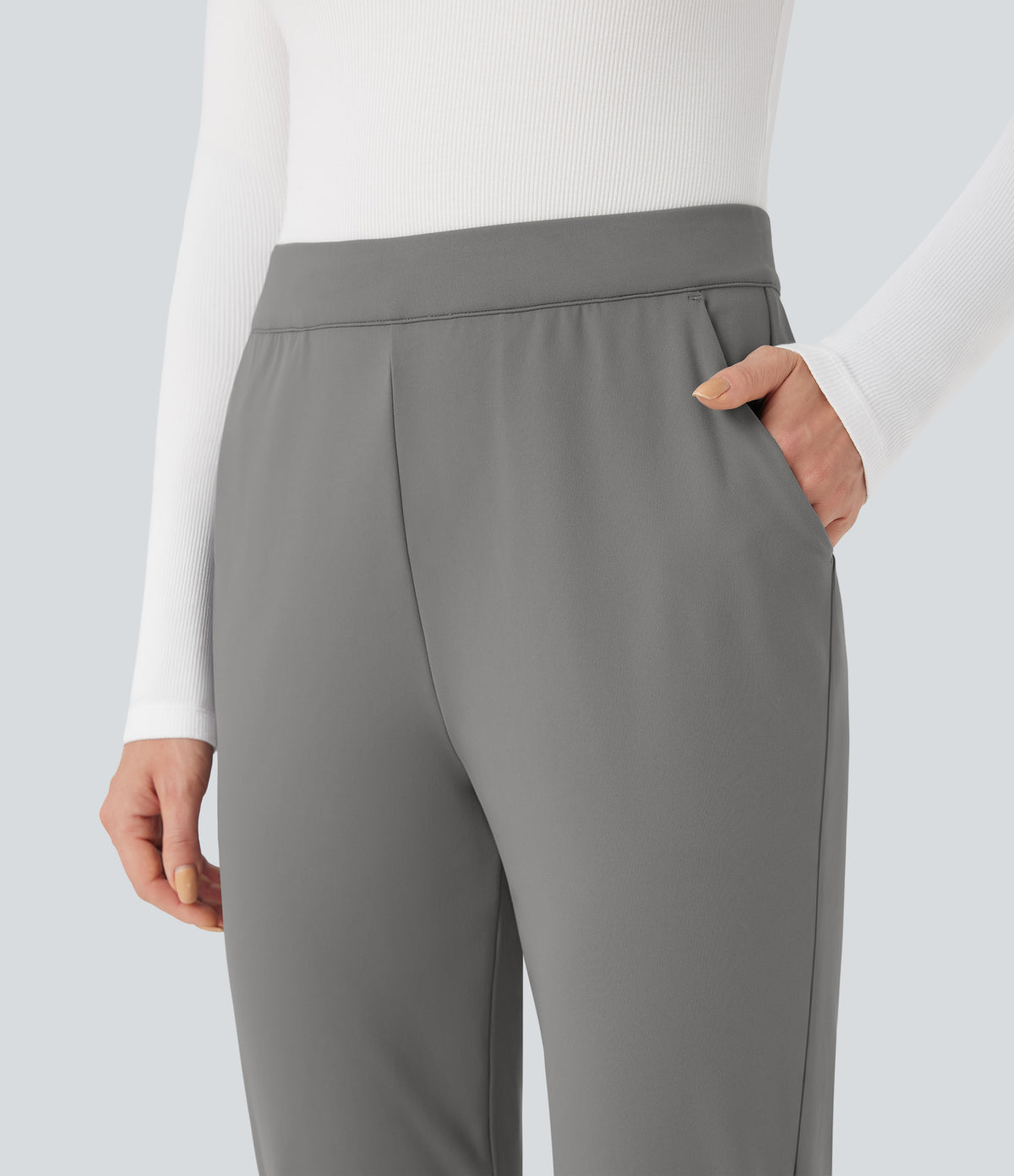 Foldover High Waisted Drawstring 7/8 Slim Work Trousers with Pockets — Silent Storm — view 7