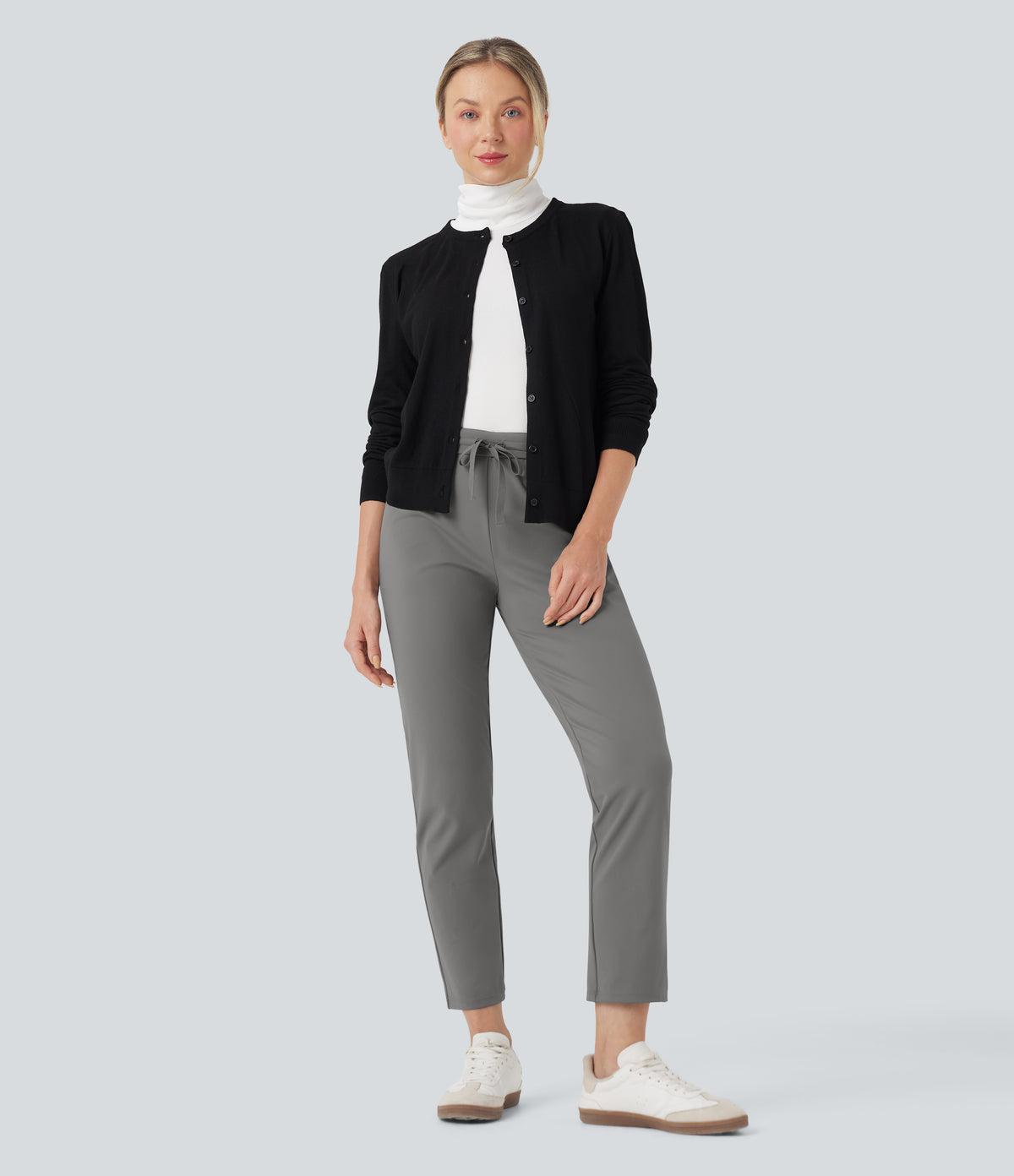 Foldover High Waisted Drawstring 7/8 Slim Work Trousers with Pockets — Silent Storm — view 1