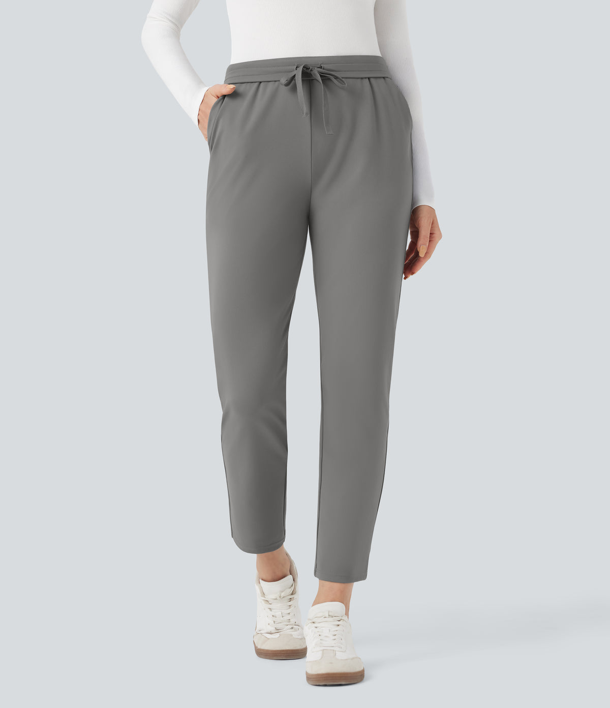 Foldover High Waisted Drawstring 7/8 Slim Work Trousers with Pockets — Silent Storm — view 2
