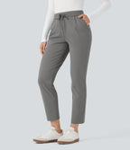 Foldover High Waisted Drawstring 7/8 Slim Work Trousers with Pockets — Silent Storm — view 5