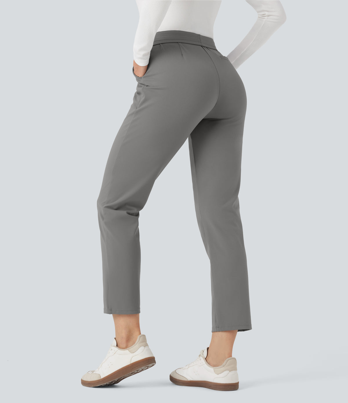 Foldover High Waisted Drawstring 7/8 Slim Work Trousers with Pockets — Silent Storm — view 4