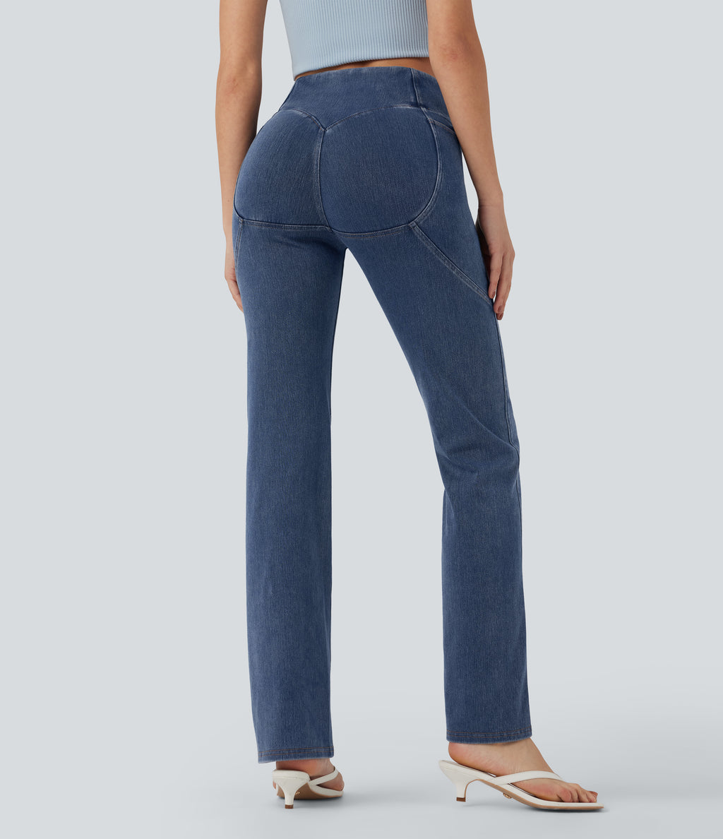 High Waisted Tummy Control Casual Bootcut Jeans with Pockets — Tide Blue Denim — view 2